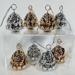 New Open Box Set Of 8 Silver & Gold Metal Pinecone Ornaments/Place Card Holders